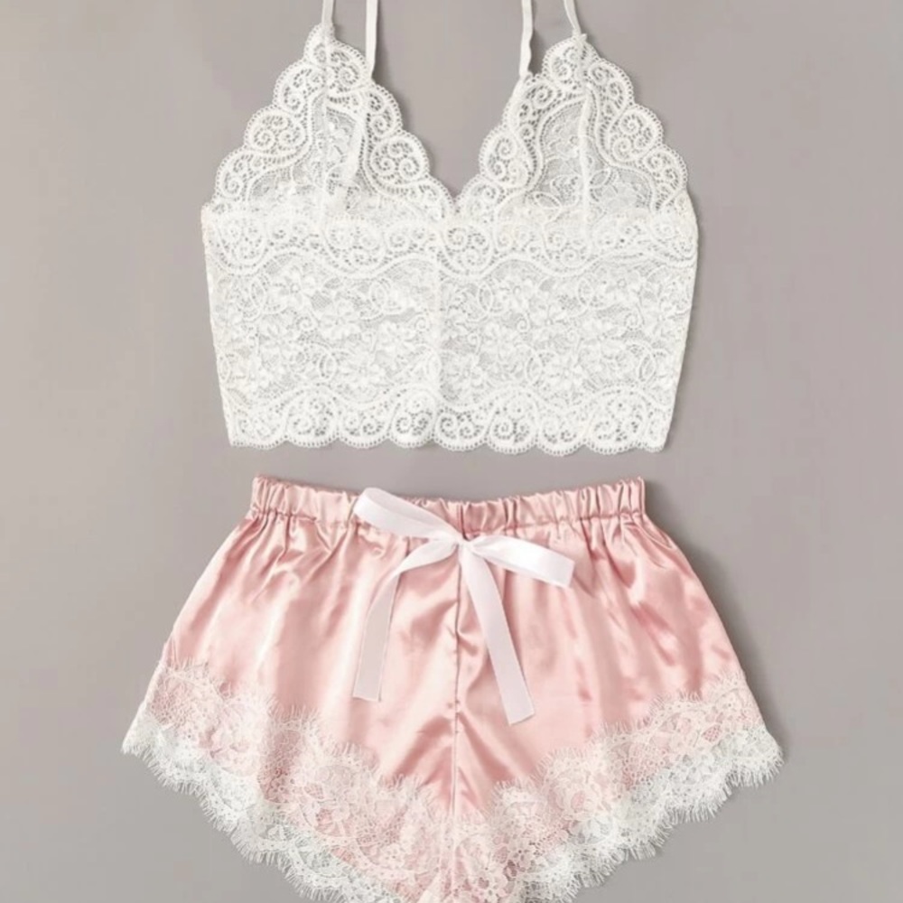 SHEIN Floral Lace Cami Top with Satin Shorts